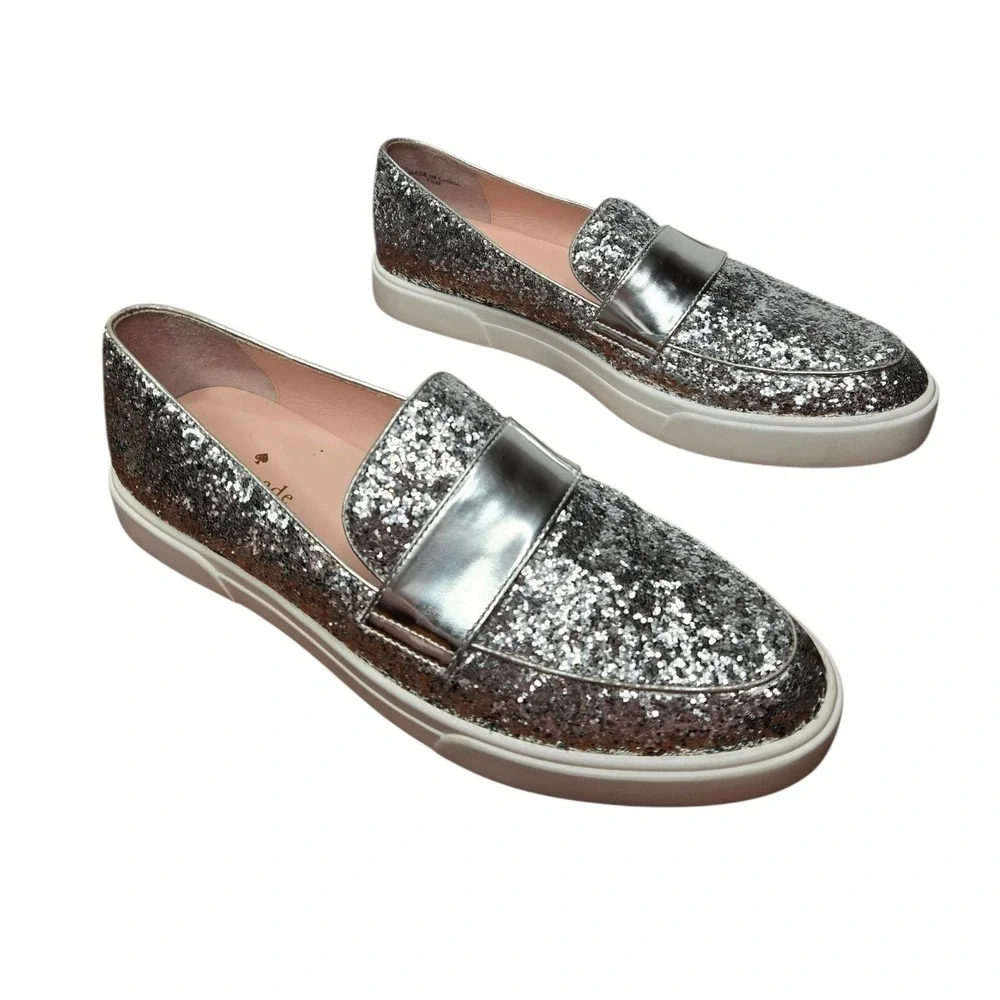 Kate Spade Clover Glitter Leather Slip-On Sneakers Silver Metallic Loafers 7.5